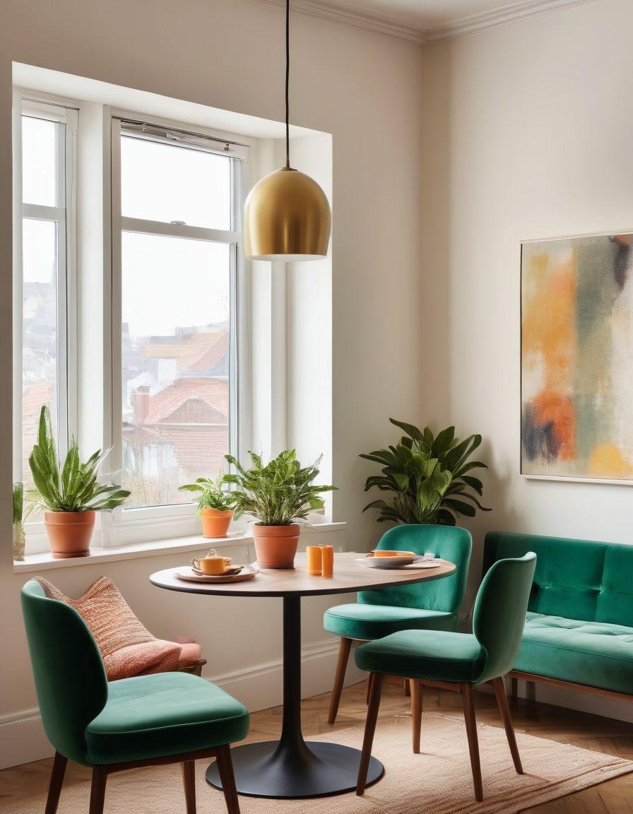 A cozy, inviting apartment interior showcasing budget-friendly furnishings and decor choices. Include elements like a small dining area with a chic table, colorful cushions, and innovative storage solutions. Incorporate natural light filtering through large windows, highlighting a green plant on the windowsill. Subtle hints of technology for smart home solutions, like a digital thermostat and smart bulbs. warm color palette. modern design. super-realistic.