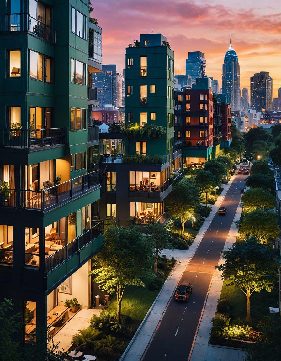A modern city skyline at sunset, showcasing diverse housing options such as budget-friendly apartments and cozy urban homes. Incorporate elements like lush green parks and community spaces bustling with people of various backgrounds. Highlight affordability and comfort in urban living. Use warm, inviting colors to evoke a sense of hope and opportunity. super-realistic. vibrant colors. 3D.